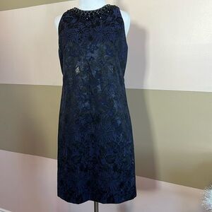 Maggy London Navy Blue & Black Floral Rhinestone Detail Sheath Dress